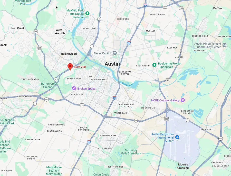 Map of Austin, Texas showing Wartiva's office at Suite 220 near Barton Hills